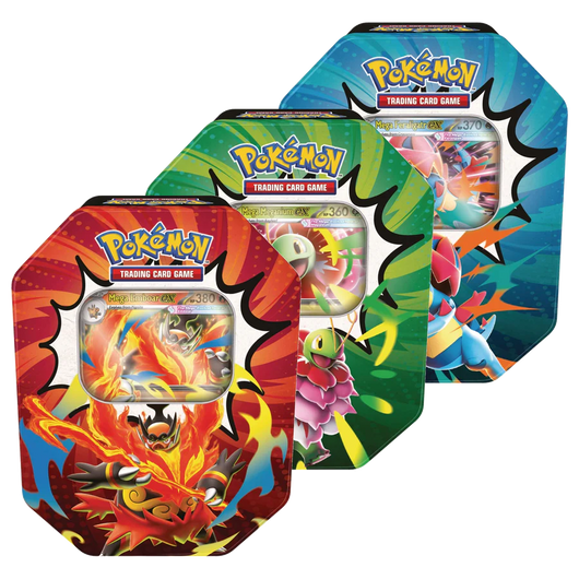 Pokémon TCG Mega Evolution Ascended Heroes Tin assortment on a white background